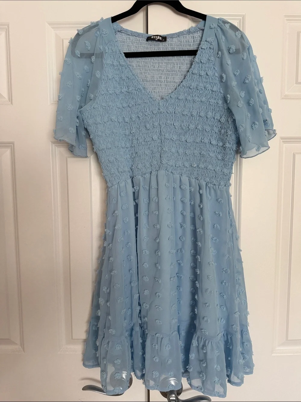 Light Blue Textured Midi Dress with V-Neck